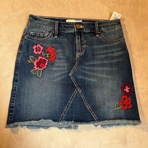 Abercrombie Kids Blue Denim Skirt with Red Floral Embroidery 13/14 frayed hem